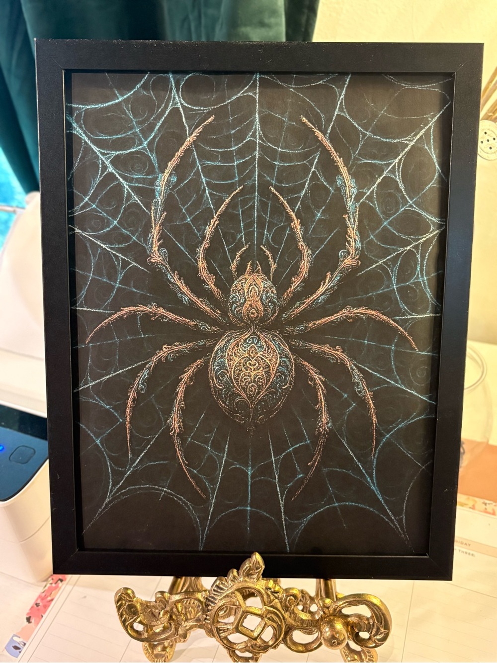 Framed 8x10 Black Spider & Web Wall Art - Ornate Copper and Teal Accents